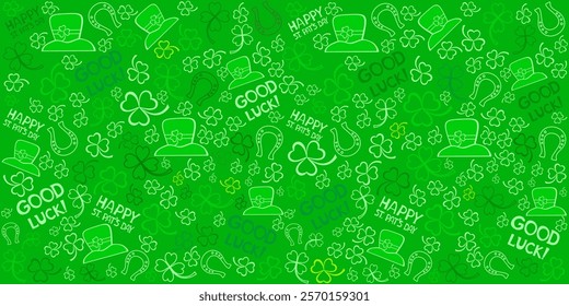 Happy Saint Patricks day. Seamless Pattern background with three - leaved shamrocks St. Patrick's day holiday symbol. Irish symbols of the holiday.17 march. Lucky green clover for Irish festival