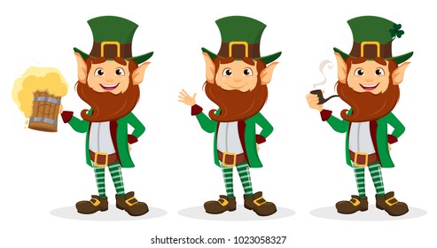 Happy Saint Patrick's Day. Set of smiling cartoon character leprechaun with green hat holding beer, waving hand and holding smoking pipe. Vector illustration