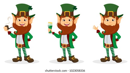 Happy Saint Patrick's Day. Set of smiling cartoon character leprechaun with green hat holding ale, waving hand and holding smoking pipe. Vector illustration