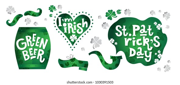 Happy Saint Patrick's Day Set. Hand drawn lettering and illustration. St. Patricks Day. Mustache, Smoking pipe, smoke cloud, beer barrel, boot, heart, four-leaf clover. Beer festival badge 