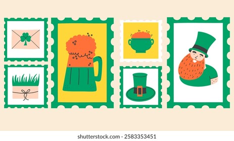 Happy Saint Patrick's Day set with various postage stamps. Leprechaun, green hat, beer, letter with clover.