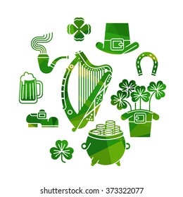 Happy Saint Patrick's Day set of vector modern decoration items featuring Ireland harp, clover leaves, leprechaun hat, shoe, pint of beer, pot of gold and more