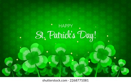 Happy Saint Patrick's Day shamrock magic background, greeting card with green four and tree leaf clovers, modern design template. Vector illustration on green clover pattern background.