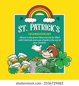 Happy Saint Patrick's Day Shamrock Bear with Clover Leaf Retro Cartoon Mascot Character Groovy Vintage Style for poster, flyer, brochure, invitation, greeting card, banner, web, sticker