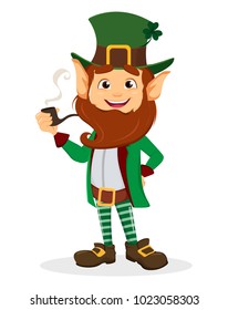 Happy Saint Patrick's Day. Smiling cartoon character leprechaun with green hat and smoking pipe. Vector illustration