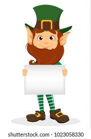 Happy Saint Patrick's Day. Smiling cartoon character leprechaun with green hat holding placard in hands. Vector illustration