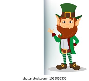 Happy Saint Patrick's Day. Smiling cartoon character leprechaun with green hat waving hand and standing near blank placard. Vector illustration