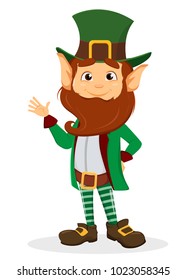 Happy Saint Patrick's Day. Smiling cartoon character leprechaun with green hat waving hand. Vector illustration