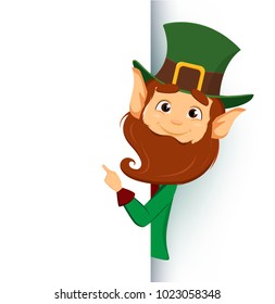 Happy Saint Patrick's Day. Smiling cartoon character leprechaun with green hat showing on blank placard. Vector illustration