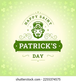 Happy Saint Patrick's Day smiling lucky leprechaun troll vintage greeting card typographic template vector illustration. Irish folklore fairy tale character fortune shamrock classic curved ribbon