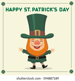 Happy Saint Patrick's Day! Smiling leprechaun in cartoon style. National Irish holiday.
