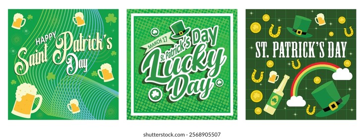 Happy Saint Patrick's Day. Spring break is March 17th. Hat, gold coins, clover leaves, and rainbow on green background. St. Patrick's Day concept. Set flat vector illustration.