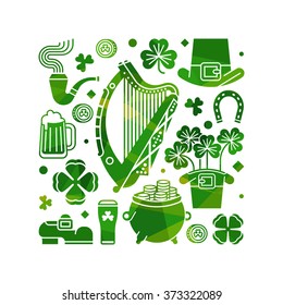 Happy Saint Patrick's Day square design element with vector modern decoration items featuring Ireland harp, clover leaves, leprechaun hat, shoe, pint of beer, pot of gold and more