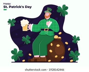 Happy saint Patrick's Day or st. Patrick's Day with Leprechaun bring a beer and gold coin with floral clover decoration. Flat illustration St Patrick's Day suitable for greeting card, invitation, web 