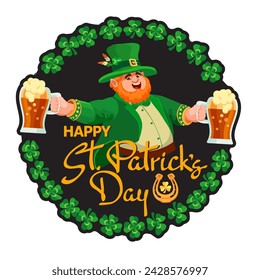 Happy Saint Patrick's Day sticker. Leprechaun, beer, and shamrock.  Festive composition circle shape isolated on a white. Hand-drawn lettering. Spring holiday March 17 Saint Patrick. Vector.