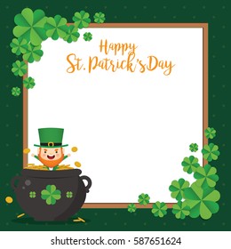 Happy Saint Patrick's Day template design. Cute Leprechaun with pot of gold, clovers and white square frame. 17 march vector illustration.