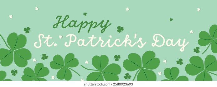 Happy Saint Patricks day text with clover leaves banner- vector illustration