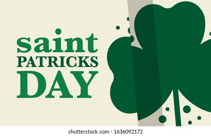 Happy Saint Patricks Day. Traditional irish holiday. Celebrate annual in March 17. Clover and shamrock leaves. Green and orange party design. Ireland color. Poster, card, banner and background. Vector
