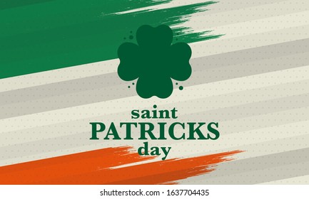 Happy Saint Patricks Day. Traditional irish holiday. Celebrate annual in March 17. Clover and shamrock leaves. Green and orange party design. Ireland color. Poster, card, banner and background. Vector