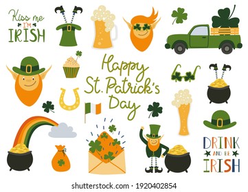 Happy Saint Patrick's Day traditional collection. Big set elements for the day of St. Patrick with hand written quotes. Flat vector illustration in cartoon style isolated on white background.