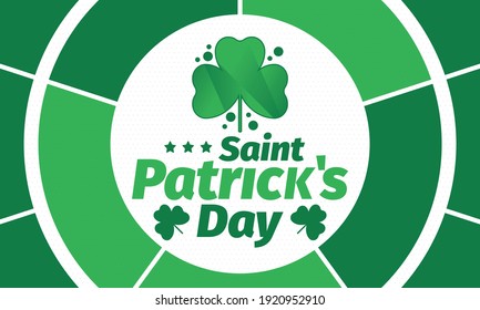 Happy Saint Patricks Day. Traditional irish holiday. Celebrate annual in March 17. Clover and shamrock leaves. Green and orange party design. Ireland color. Poster, card, banner and background. Vector