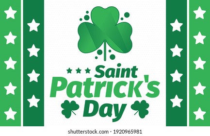 Happy Saint Patricks Day. Traditional irish holiday. Celebrate annual in March 17. Clover and shamrock leaves. Green and orange party design. Ireland color. Poster, card, banner and background. Vector