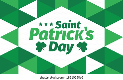 Happy Saint Patricks Day. Traditional irish holiday. Celebrate annual in March 17. Clover and shamrock leaves. Green and orange party design. Ireland color. Poster, card, banner and background. Vector