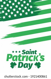 Happy Saint Patricks Day. Traditional irish holiday. Celebrate annual in March 17. Clover and shamrock leaves. Green and orange party design. Ireland color. Poster, card, banner and background. Vector