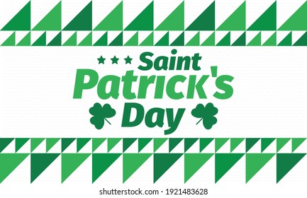 Happy Saint Patricks Day. Traditional irish holiday. Celebrate annual in March 17. Clover and shamrock leaves. Green and orange party design. Ireland color. Poster, card, banner and background. Vector