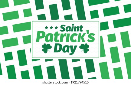 Happy Saint Patricks Day. Traditional irish holiday. Celebrate annual in March 17. Clover and shamrock leaves. Green and orange party design. Ireland color. Poster, card, banner and background. Vector