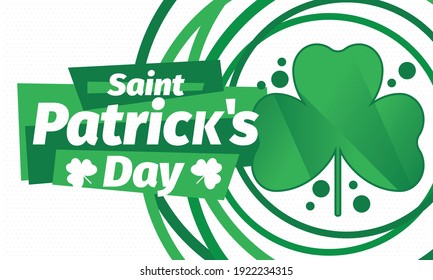 Happy Saint Patricks Day. Traditional irish holiday. Celebrate annual in March 17. Clover and shamrock leaves. Green and orange party design. Ireland color. Poster, card, banner and background. Vector