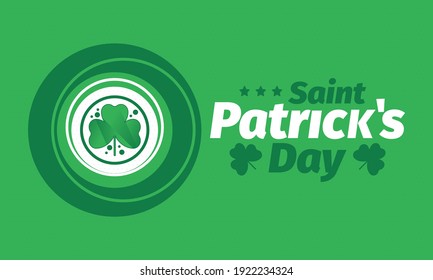 Happy Saint Patricks Day. Traditional irish holiday. Celebrate annual in March 17. Clover and shamrock leaves. Green and orange party design. Ireland color. Poster, card, banner and background. Vector