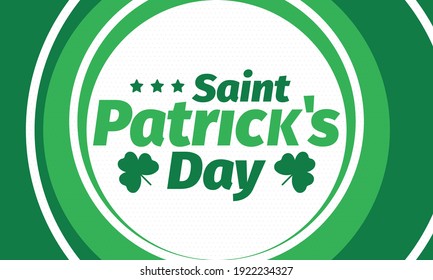 Happy Saint Patricks Day. Traditional irish holiday. Celebrate annual in March 17. Clover and shamrock leaves. Green and orange party design. Ireland color. Poster, card, banner and background. Vector