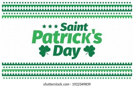 Happy Saint Patricks Day. Traditional irish holiday. Celebrate annual in March 17. Clover and shamrock leaves. Green and orange party design. Ireland color. Poster, card, banner and background. Vector