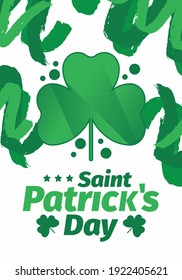 Happy Saint Patricks Day. Traditional irish holiday. Celebrate annual in March 17. Clover and shamrock leaves. Green and orange party design. Ireland color. Poster, card, banner and background. Vector