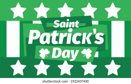 Happy Saint Patricks Day. Traditional irish holiday. Celebrate annual in March 17. Clover and shamrock leaves. Green and orange party design. Ireland color. Poster, card, banner and background. Vector
