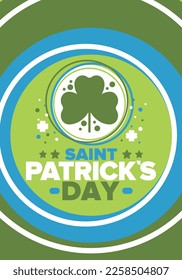 Happy Saint Patricks Day. Traditional irish holiday. Celebrate annual in March 17. Clover and shamrock leaves. Green and orange party design. Ireland color. Poster, card, banner and background. Vector