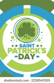 Happy Saint Patricks Day. Traditional irish holiday. Celebrate annual in March 17. Clover and shamrock leaves. Green and orange party design. Ireland color. Poster, card, banner and background. Vector