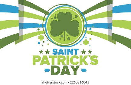 Happy Saint Patricks Day. Traditional irish holiday. Celebrate annual in March 17. Clover and shamrock leaves. Green and orange party design. Ireland color. Poster, card, banner and background. Vector