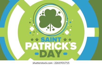 Happy Saint Patricks Day. Traditional irish holiday. Celebrate annual in March 17. Clover and shamrock leaves. Green and orange party design. Ireland color. Poster, card, banner and background. Vector