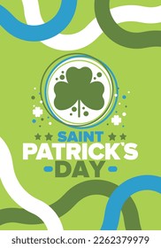 Happy Saint Patricks Day. Traditional irish holiday. Celebrate annual in March 17. Clover and shamrock leaves. Green and orange party design. Ireland color. Poster, card, banner and background. Vector