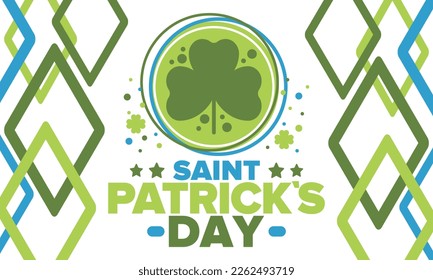 Happy Saint Patricks Day. Traditional irish holiday. Celebrate annual in March 17. Clover and shamrock leaves. Green and orange party design. Ireland color. Poster, card, banner and background. Vector