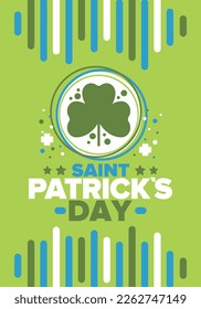 Happy Saint Patricks Day. Traditional irish holiday. Celebrate annual in March 17. Clover and shamrock leaves. Green and orange party design. Ireland color. Poster, card, banner and background. Vector