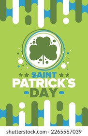 Happy Saint Patricks Day. Traditional irish holiday. Celebrate annual in March 17. Clover and shamrock leaves. Green and orange party design. Ireland color. Poster, card, banner and background. Vector