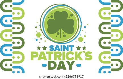 Happy Saint Patricks Day. Traditional irish holiday. Celebrate annual in March 17. Clover and shamrock leaves. Green and orange party design. Ireland color. Poster, card, banner and background. Vector