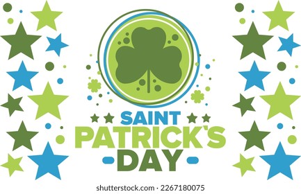 Happy Saint Patricks Day. Traditional irish holiday. Celebrate annual in March 17. Clover and shamrock leaves. Green and orange party design. Ireland color. Poster, card, banner and background. Vector