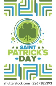 Happy Saint Patricks Day. Traditional irish holiday. Celebrate annual in March 17. Clover and shamrock leaves. Green and orange party design. Ireland color. Poster, card, banner and background. Vector