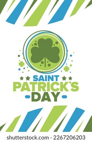 Happy Saint Patricks Day. Traditional irish holiday. Celebrate annual in March 17. Clover and shamrock leaves. Green and orange party design. Ireland color. Poster, card, banner and background. Vector