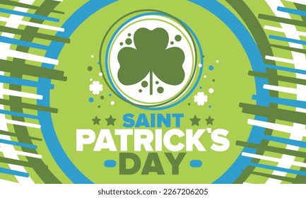 Happy Saint Patricks Day. Traditional irish holiday. Celebrate annual in March 17. Clover and shamrock leaves. Green and orange party design. Ireland color. Poster, card, banner and background. Vector