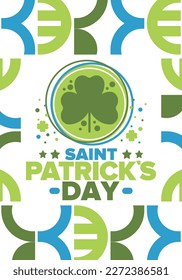 Happy Saint Patricks Day. Traditional irish holiday. Celebrate annual in March 17. Clover and shamrock leaves. Green and orange party design. Ireland color. Poster, card, banner and background. Vector
